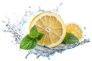 Lemon water splash isolated on a white transparent background, png. Lemon fruit slice, leaves and water splash. background water wave, citrus piece and mint foliage flying