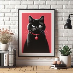 A framed picture of a cat on a red wall image art harmony has illustrative meaning has illustrative meaning illustrator