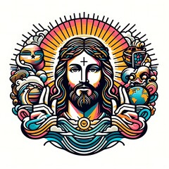 Obraz premium A colorful illustration of a jesus christ with a beard attractive harmony card design illustrator