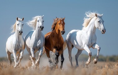 Obraz premium Photo of Arabian horses running in the sky, stock photo, white and brown colors, five Arabic horses galloping, photo taken from behind them,