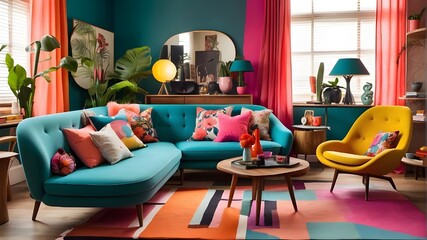 An eclectic and vibrant living room with strong flashes of colour and a mix of modern and vintage furniture, all inspired by mid-century modern style