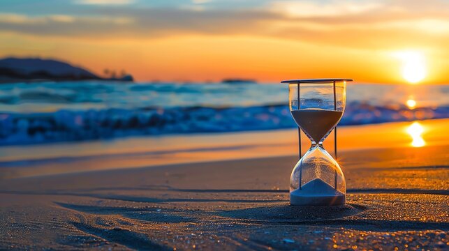 An hourglass sits on the beach as the sun sets behind it.  The tide is coming in and the waves are crashing on the shore. The sand is wet and the sky is orange.