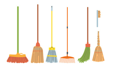 Brush icons set of cleaning tools outside or home equipment , garden clipart element vector design flat style colorful illustrations isolate on white background.