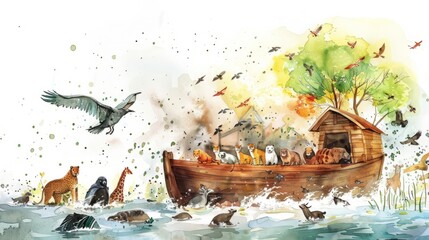 Playful watercolor illustration of Noah's Ark with animals boarding the ark two by two amidst a flood