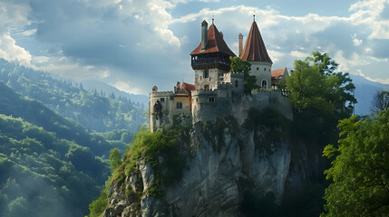 Panorama of medieval castle in Carpathian mountains, Ukraine.