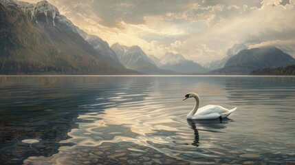 A serene swan gracefully moves across a tranquil lake framed by the shadow of mountains against a darkening sky - Powered by Adobe