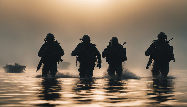 silhouette of underwater commando team advancing on boat in foggy sunrise.