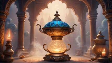 Aladdin's magical lamp, adorned with intricate carvings and shimmering in an ethereal glow. 