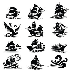 set of silhouettes of Ships and boats. Set of vector icons: Black outlines on white background. - Stock vector illustration