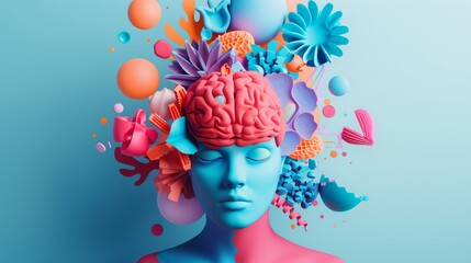 Colorful 3D objects from a human head show creativity on a pastel background.