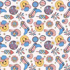 Groovy 4th of July seamless pattern cowboy boot and hat Trendy cartoon character isolated on background