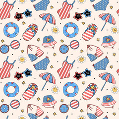 Groovy 4th of July seamless pattern summer beach vibe Trendy cartoon character isolated on background