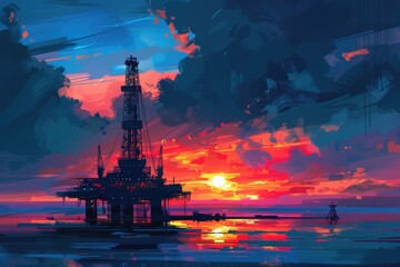 An artistic depiction of an oil rig at sunset. Ideal for energy industry concepts