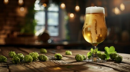 Beer on wooden table, copy space. Glass of fresh brewed craft lager beer with malt and hops.