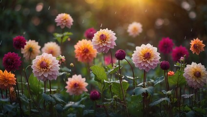 Dahlia Dreams, Sunset Light Kisses Many Flowers with Rain Drops in Rustic Garden Setting. Panoramic Banner.