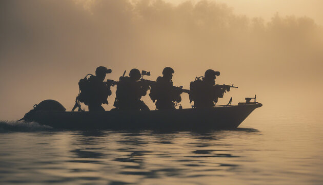 silhouette of underwater commando team advancing on boat in foggy sunrise.