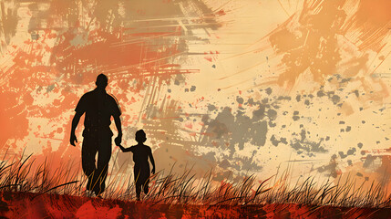 fathers day painting silhouette with dad and son on watercolor background.father and child in the sunset watercolor card design.generative ai	
