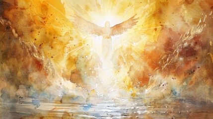 Spiritual watercolor illustration of the Baptism of Christ with the Holy Spirit descending like a dove