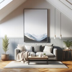 A living room with a template mockup poster empty white and with a couch and a picture on the wall standardscalex image realistic harmony.