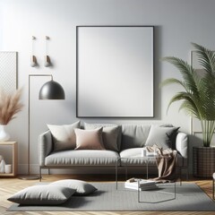 A living room with a template mockup poster empty white and with a couch and a plant image realistic harmony has illustrative meaning.
