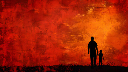 Fototapeta premium fathers day painting silhouette with dad and son on watercolor background.father and child in the sunset watercolor card design.generative ai 