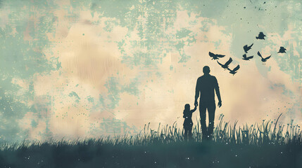 fathers day painting silhouette with dad and son on watercolor background.father and child in the sunset watercolor card design.generative ai	
