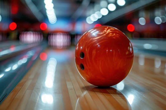Shiny orange bowling ball ready to strike on a glossy lane, vibrant bokeh background