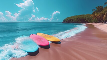 Surfboards propped against a vibrant blue wall with tropical decor accents