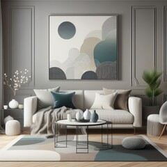 A living room with a template mockup poster empty white and with a couch and a table image attractive harmony used for printing.