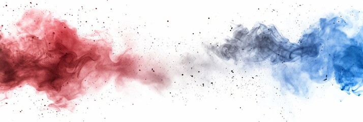 Labor day Red, White and Blue colored dust explosion background. Splash of American flag colors smoke dust on white background, Independence Day, Memorial Day patriotic abstract pattern