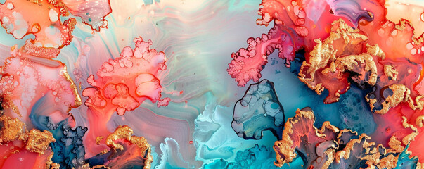 Pastel coral and vibrant slate alcohol ink painting, abstract with high-quality oil paint details.