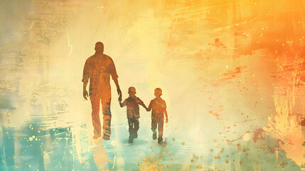 Fototapeta premium fathers day painting silhouette with dad and son on watercolor background.father and child in the sunset watercolor card design.generative ai 