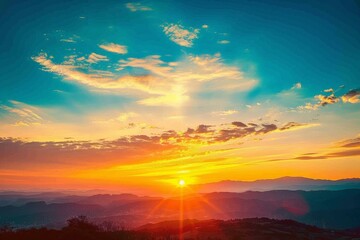 Fototapeta premium A valley, obscured by low-lying clouds, is bathed in sunlight as it fades over mountain silhouettes at dusk. Beautiful simple AI generated image in 4K, unique.