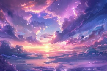  A valley, obscured by low-lying clouds, is bathed in sunlight as it fades over mountain silhouettes at dusk. Beautiful simple AI generated image in 4K, unique.