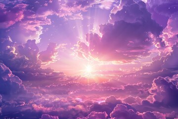  A valley, obscured by low-lying clouds, is bathed in sunlight as it fades over mountain silhouettes at dusk. Beautiful simple AI generated image in 4K, unique.