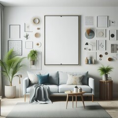 A living room with a template mockup poster empty white and with a couch and a table image lively.