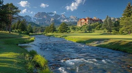 Obraz premium Photograph of the hotel near the river in summer, green grass and trees on both sides of the stream, mountains in the background, birds flying in the sky, 
