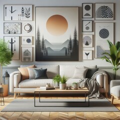 A living room with a template mockup poster empty white and with a couch and art on the wall image photo has illustrative meaning card design.