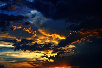 Obraz premium A valley, obscured by low-lying clouds, is bathed in sunlight as it fades over mountain silhouettes at dusk. Beautiful simple AI generated image in 4K, unique.