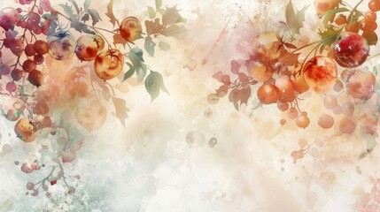 Tranquil poster design featuring watercolor paintings of autumn fruits in soft, ethereal hues, for a dreamy and whimsical effect