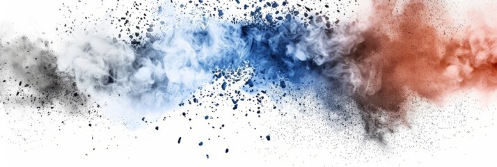 Labor day Red, White and Blue colored dust explosion background. Splash of American flag colors smoke dust on white background, Independence Day, Memorial Day patriotic abstract pattern