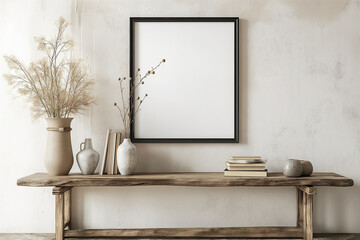 3d rendering, a black framed poster mockup on the wall of an empty modern hallway, with a wooden console table and vases with flowers, white background