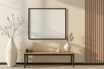 3d rendering, a black framed poster mockup on the wall of an empty modern hallway, with a wooden console table and vases with flowers, white background