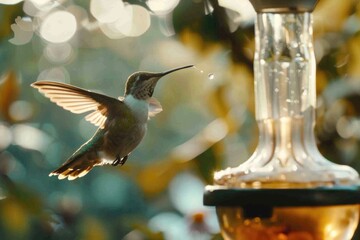 A beautiful hummingbird in flight approaching a bird feeder. Perfect for nature and wildlife themes