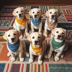 Many puppies wearing bandanas art used for printing card design illustrator.