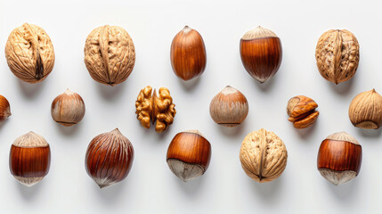 Rows of different nuts on a white background