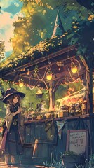 Obraz premium Cozy Autumn Market with Whimsical Lanterns and Charming Vendor Stalls in Idyllic Rural Village