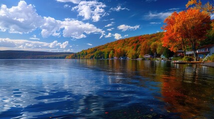 Obraz premium Fall Landscape of Keuka Lake, New York: A Breathtaking View of the Lake, Sky, and Autumn Foliage
