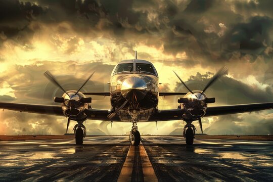 Pc-12 in Final Approach: Landing Gear Down, Propeller Spinning Against Dramatic Cloudscape