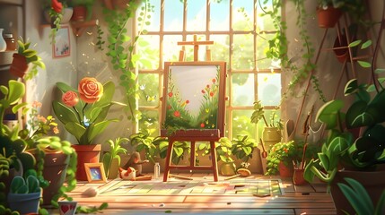 Cozy Studio with Blooming Floral Arrangements and Easel by Sunlit Window